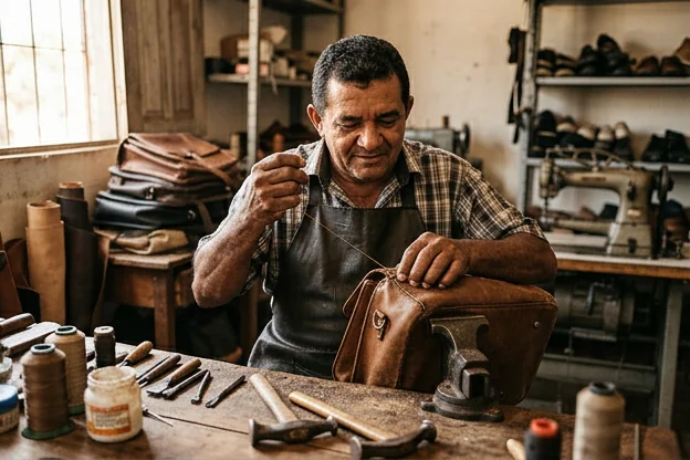 Sapateiro reformando uma bolsa de couro em Maranguape.