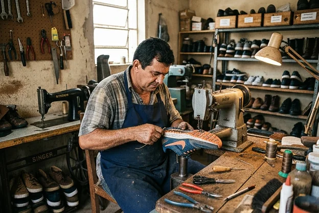 Profissional reparando um tênis em Maranguape.