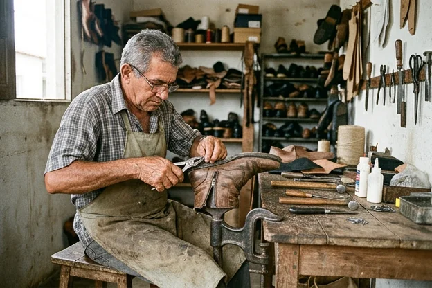 Sapateiro trabalhando no conserto do zíper de uma bota em Maranguape.