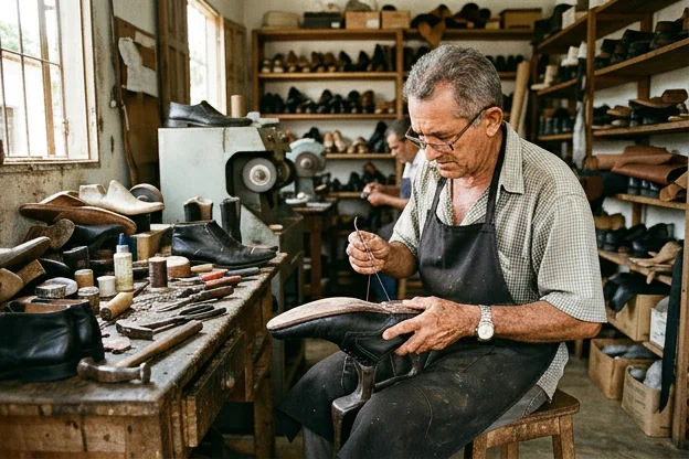 Sapateiro reformando um sapato social em Maranguape.