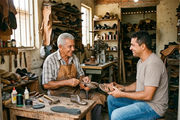 Sapateiro atendendo um cliente em um ambiente de trabalho em Maranguape.