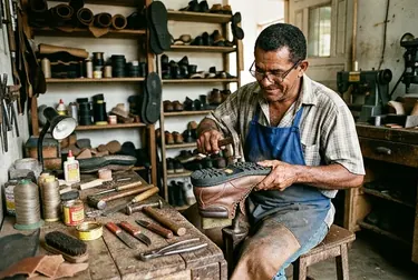 Sapateiro em ação trocando o solado de um calçado em Maranguape.