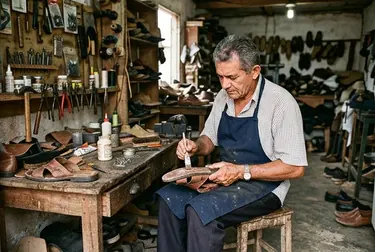Profissional colando a sola de um calçado em Maranguape.