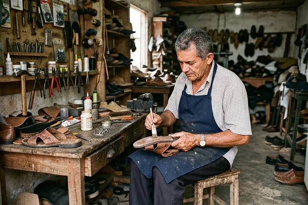 Profissional colando a sola de um calçado em Maranguape.